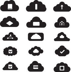 Black Cloud Computing Icons: Upload, Download, Data Storage