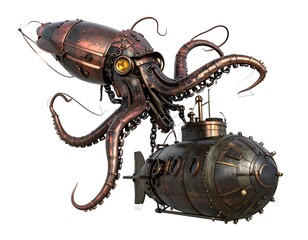 Mechanical Steampunk Squid and Submarine in Bronze Tones Isolated on White Background