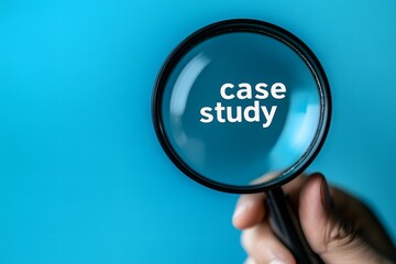 Close-Up of Magnifying Glass Highlighting the Words 'Case Study' on Blue Background