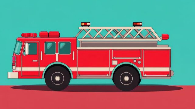 Illustration of a red fire truck on a colorful background.