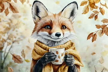 Fototapeta premium Adorable fox with cozy scarf holding a mug surrounded by autumn leaves and a warm inviting atmosphere.