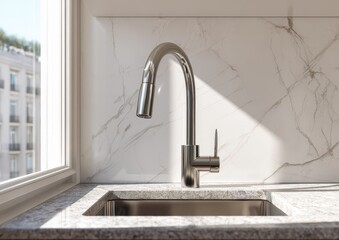 Modern kitchen sink with sunlight streaming in.