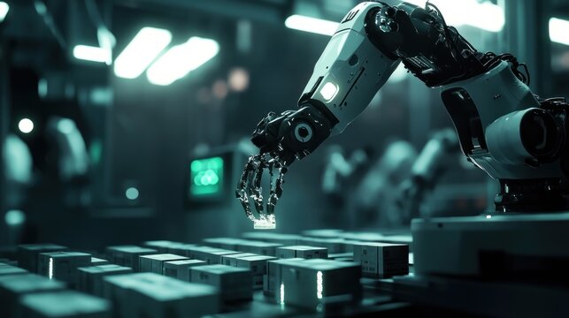 Robotic arm handling package in futuristic factory setting