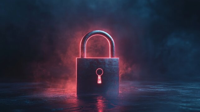 Metallic padlock neon lights security concept digital privacy technology illustration - Powered by Adobe