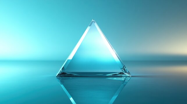 Transparent glass pyramid reflection light blue background geometric shape
