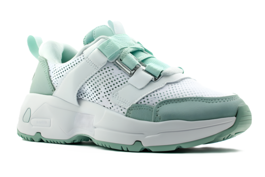 White sneaker with light green accents placed on a white or transparent background
