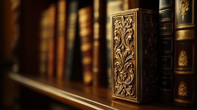 Ornate gold box on bookshelf antique books vintage history education knowledge