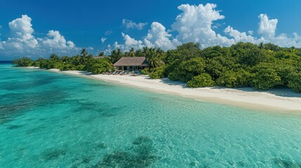 Fototapeta premium A Secluded Tropical Island With Dense Jungle And Pristine White Sand Beach Under Blue Skies