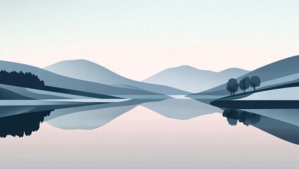 Tranquil lake reflecting misty mountains