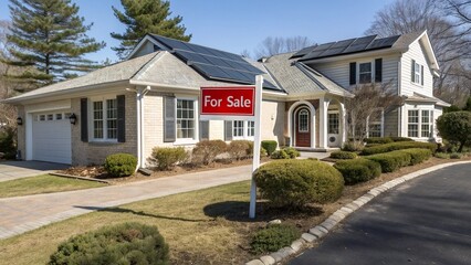 Contemporary solar house for sale rooftop panels garden summer bright setting