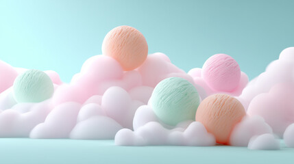 Fototapeta premium Surreal Floating Ice Cream Scoops on Dreamy Pastel Clouds