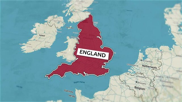 Borders of the state of England on the map. Country England on the map is highlighted by a polygonal border. From above zooming in with panoramic view