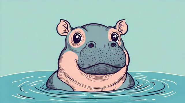 Cartoon hippo emerging from water with a playful expression.