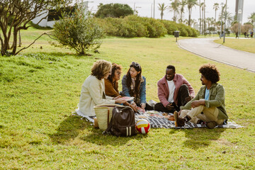 A multinational group of young people sitting together on a picnic blanket in a sunny park,...