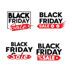 Four black friday sale designs with black text and red sale tags on a white background graphic design