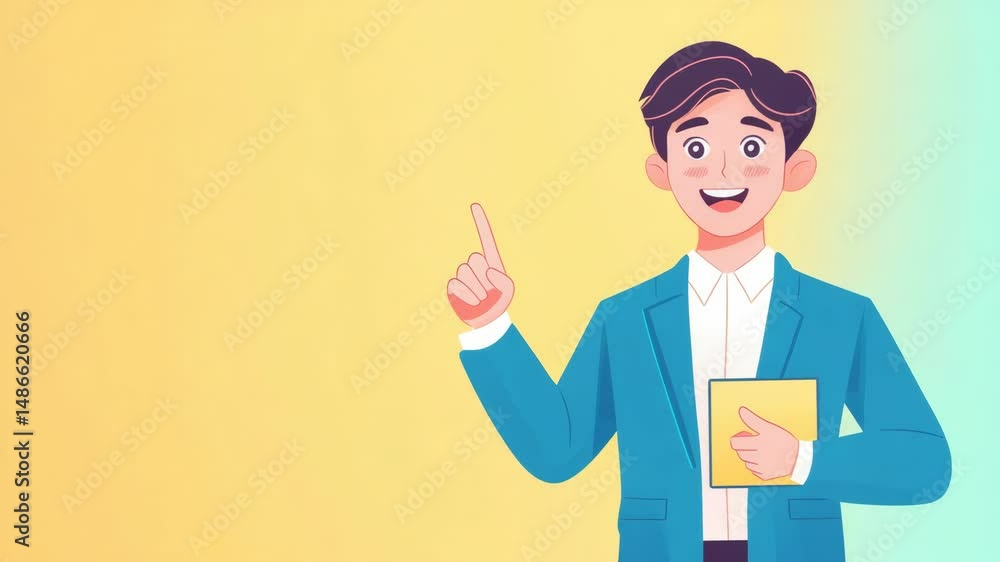 Poster cheerful man in a blue suit pointing with a notepad in hand.