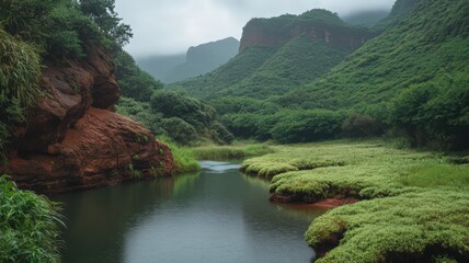 A Serene Canyon With Red Rock Cliffs And A Winding River Surrounded By Lush Greenery