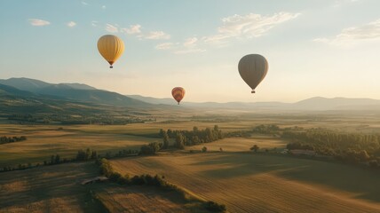 Naklejka premium A Serene Hot Air Balloon Festival with Vibrant Colors Over Rolling Hills at Sunset