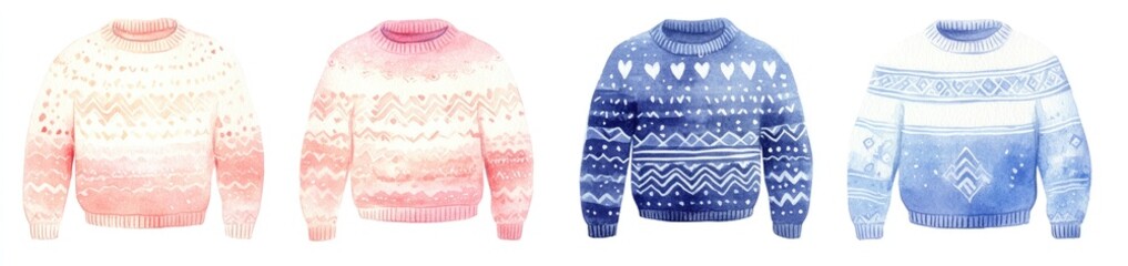 Four watercolor-style Fair Isle sweaters in pastel colors