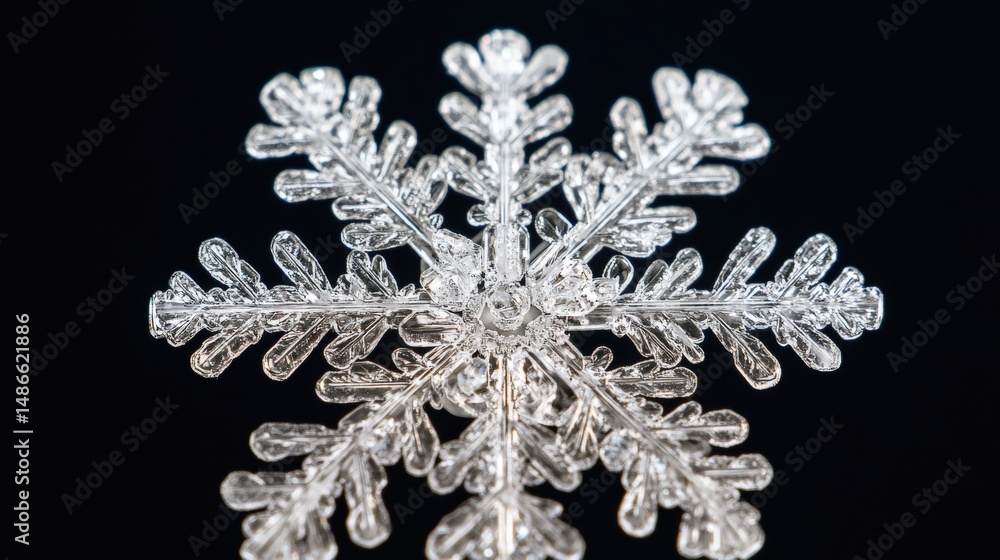 Poster detailed close-up view of a complex snowflake.