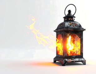 Ornate Metal Lantern With Flickering Flame Emitting Warm Glow Against White Background