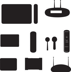 Fototapeta premium Black Silhouettes of Electronics: TV, Router, Remote, More