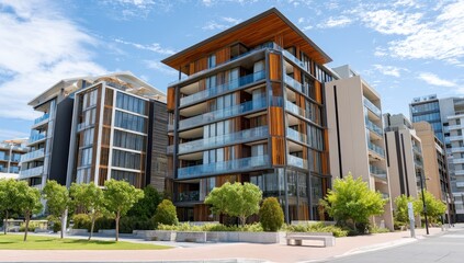 Obraz premium Modern urban apartment building with trees.