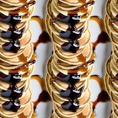 layered pancakes with syrup drizzle