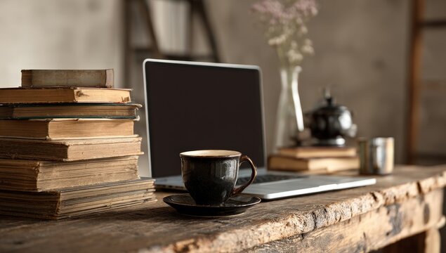 Rustic workspace with laptop, books, and coffee on wooden table.