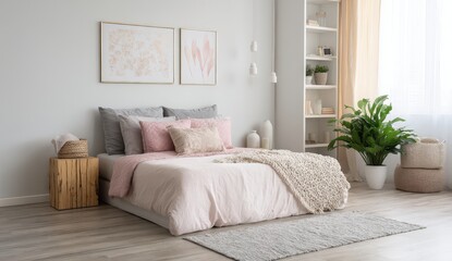Pastel-themed bedroom with cozy decor accents.