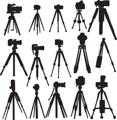 Camera Tripods Silhouettes: 15 Vector Illustrations