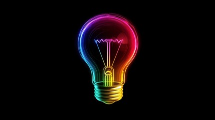 Colorful lightbulb on black background, glowing with rainbow spectrum.