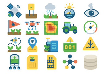 Obraz premium Digital icons representing modern agricultural technology and weather monitoring tools in various colors and designs