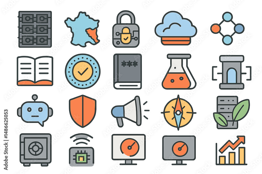 Poster collection of digital technology and security icons representing various concepts in modern computin