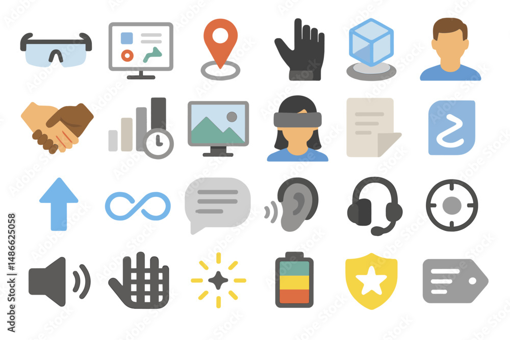 Poster engaging collection of icons representing technology, communication, and virtual interaction in a mo