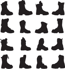 16 Black Silhouette Combat Boots Vector Graphics