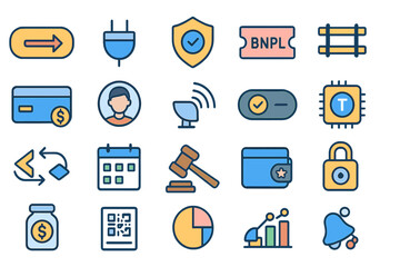 Collection of diverse financial and digital security icons representing various services and functionalities in modern technology