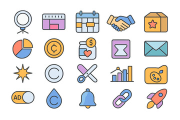 Collection of colorful icons illustrating business concepts, digital communication, and project management tools