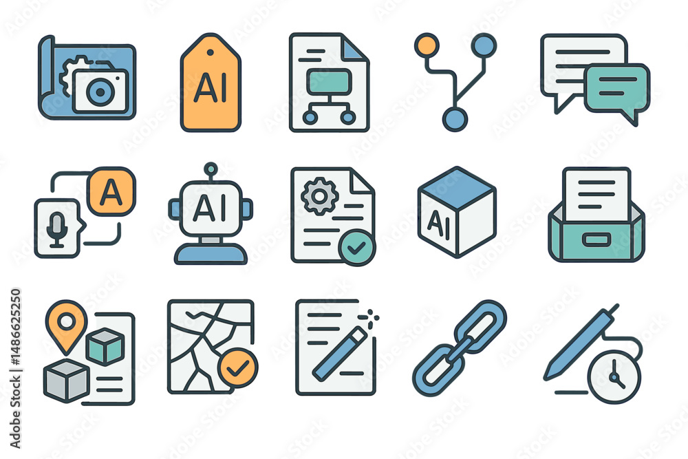 Poster collection of icons representing artificial intelligence concepts including data, communication, and
