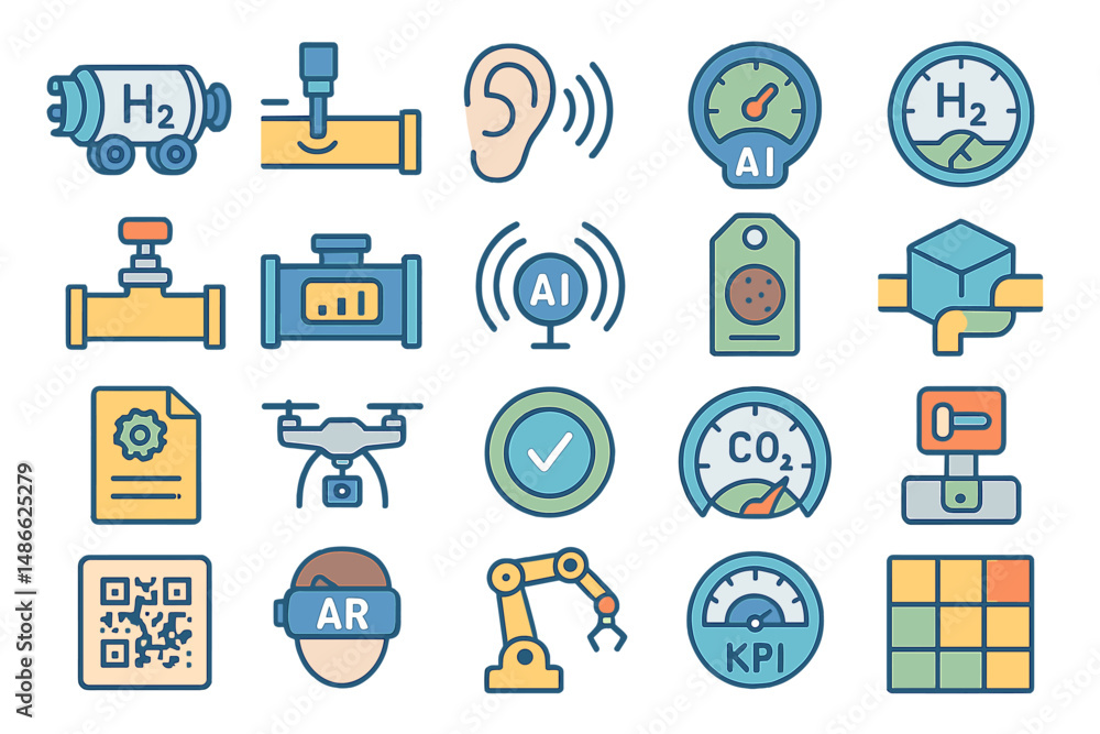 Poster exploration of modern technology icons highlighting hydrogen, artificial intelligence, and augmented