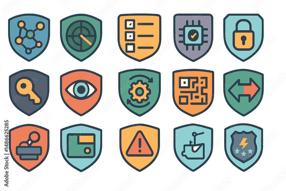 Poster collection of colorful cybersecurity icons representing various security features and tools used in 