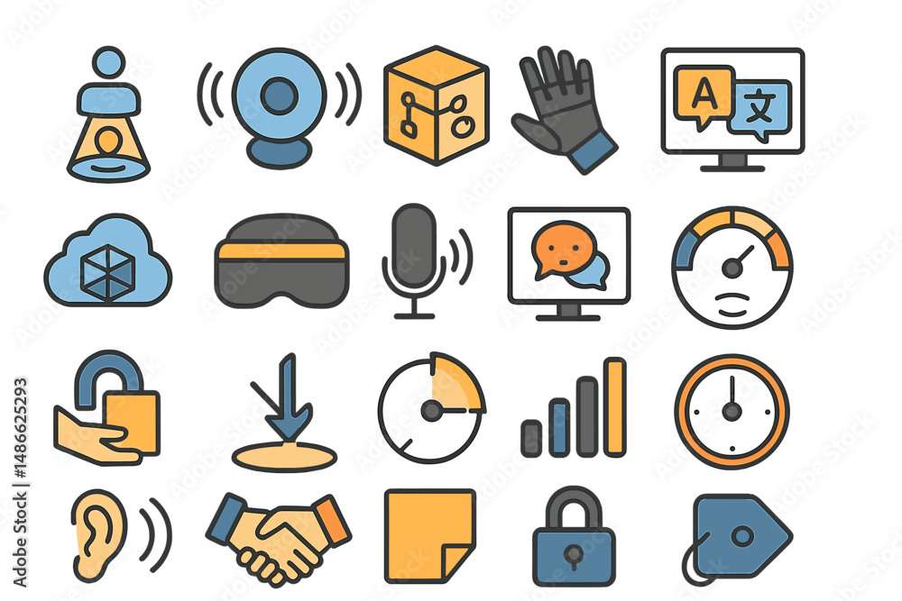 Aufkleber icons represent various technologies and communications tools for interactive environments and moder