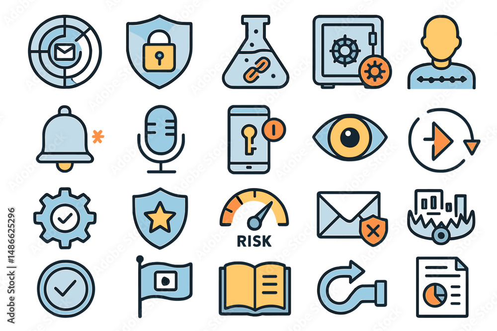 Poster security icons representing various concepts related to risk management and online safety in a color