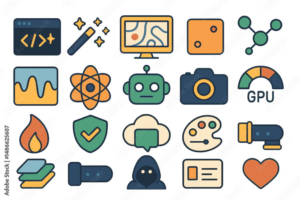 Poster diverse collection of technology and science icons featuring programming, graphics, and data represe