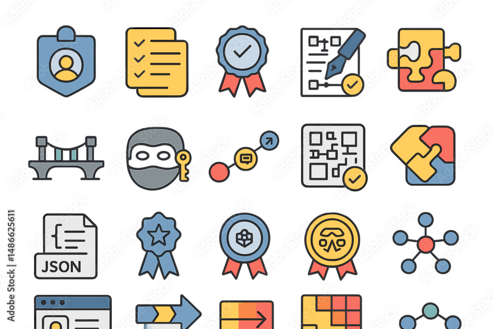 Poster collection of colorful icons representing various concepts related to technology, achievement, and p