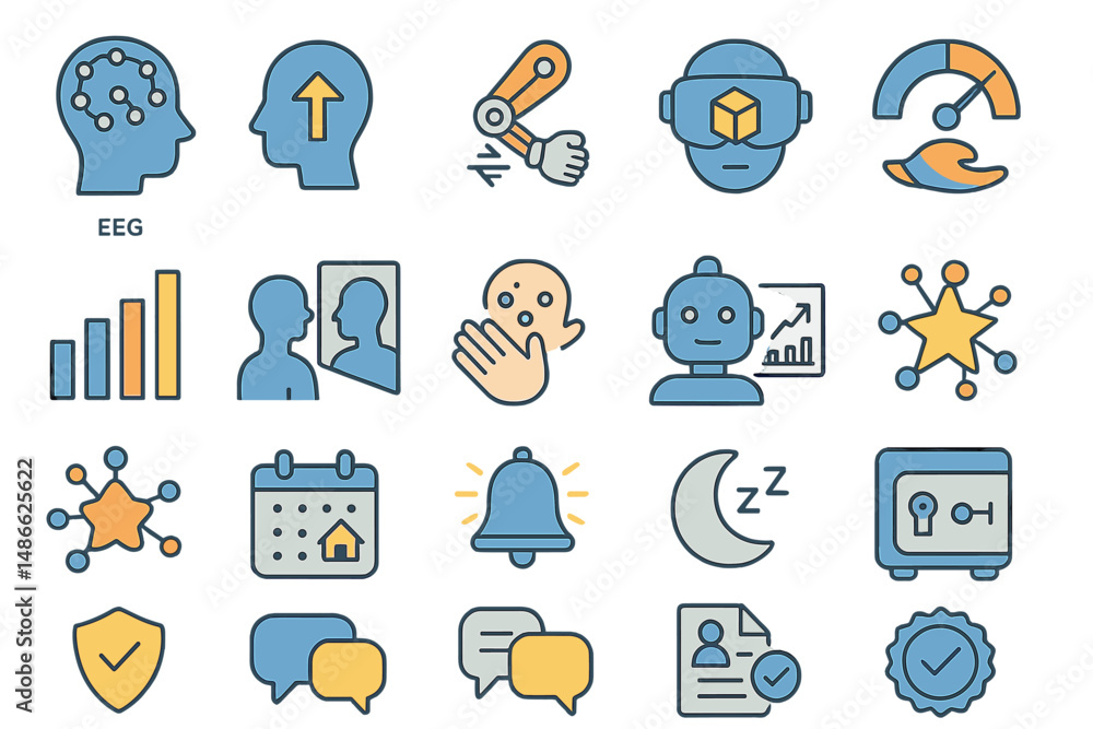 Aufkleber icon set illustrating various concepts of technology, communication, and data analysis for a modern 