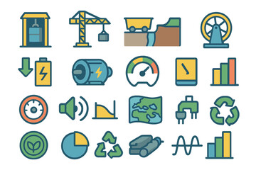 Icons representing various aspects of energy production and environmental sustainability in a colorful and modern style