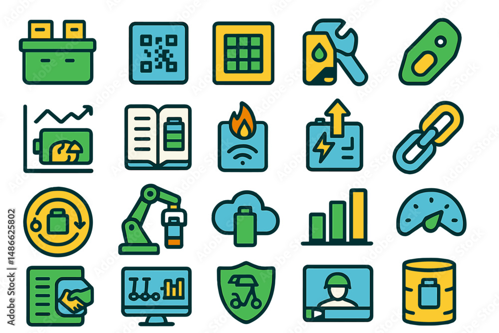 Poster collection of colorful icons representing technology, data management, and automation tools in a mod