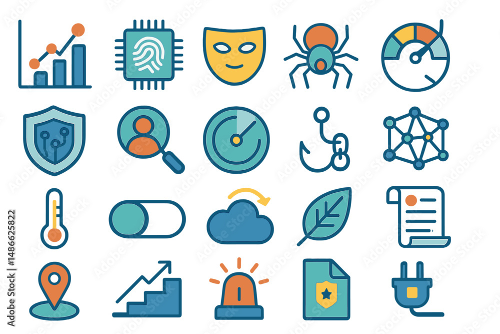 Poster collection of colorful icons representing technology, security, and data analysis concepts in a mini
