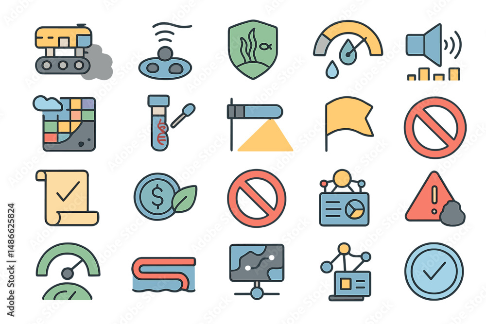 Poster collection of colorful icons illustrating various concepts related to technology and environment in 